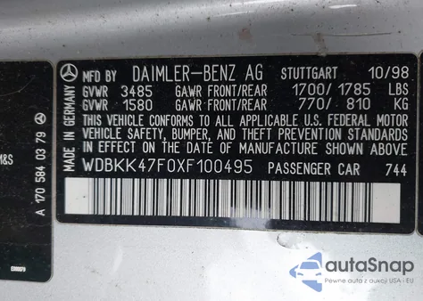 1999 Mercedes-Benz Slk 230 Kompressor z USA, uszkodzony, nr VIN WDBKK47F0XF100495